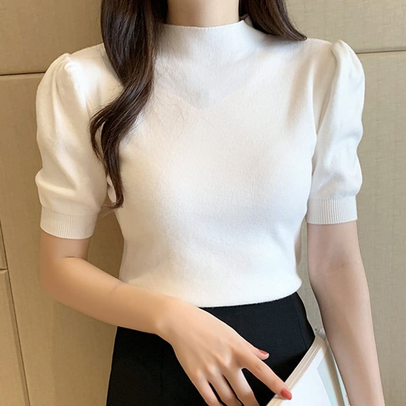 Puff Sleeve Half Turtleneck Knitted Blouse