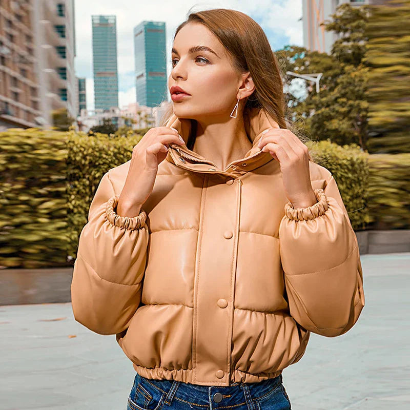 Ivyshape | Padded Leather Jacket for Women