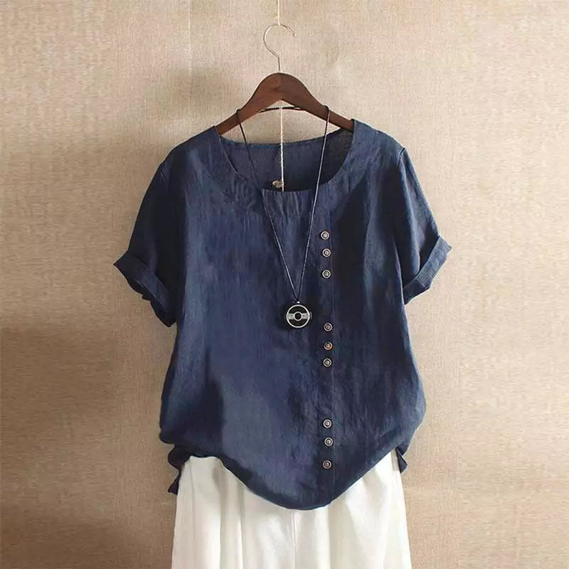 Women's Summer Loose Fit Button Short Sleeve Blouse