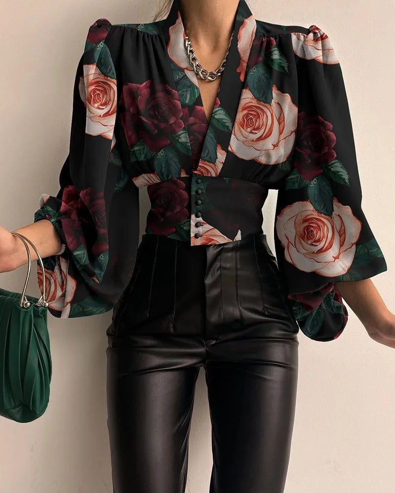 Women's Floral Print V-Neck Long Sleeve Blouse