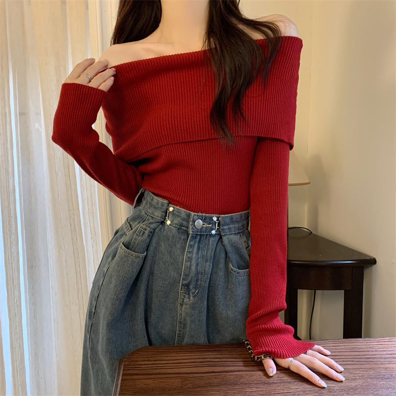 Off-Shoulder Slim Knit Long Sleeve Blouse