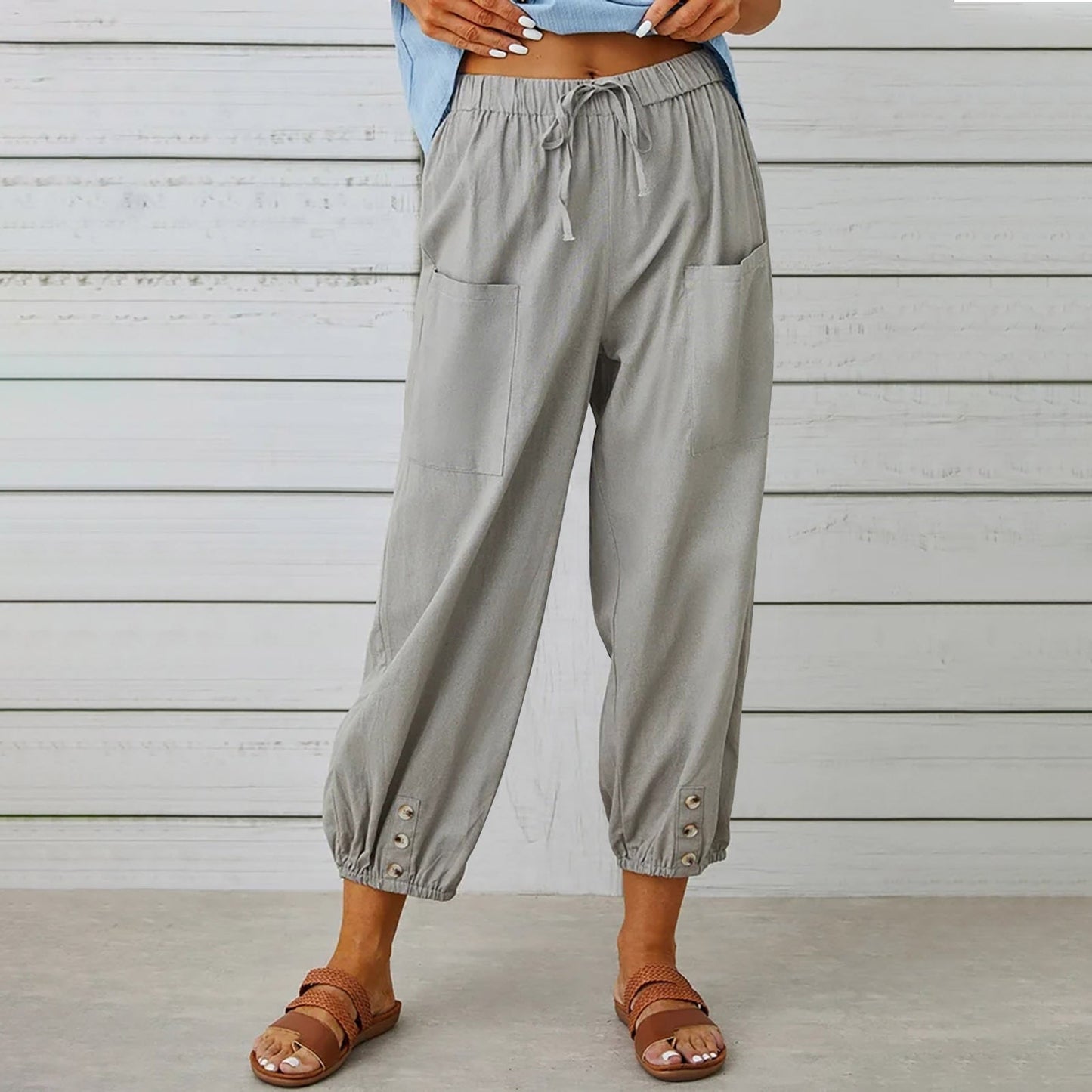 Ivyshape | Pants Ladies Linen Capri Pants for Relaxed Comfort In A Loose Style