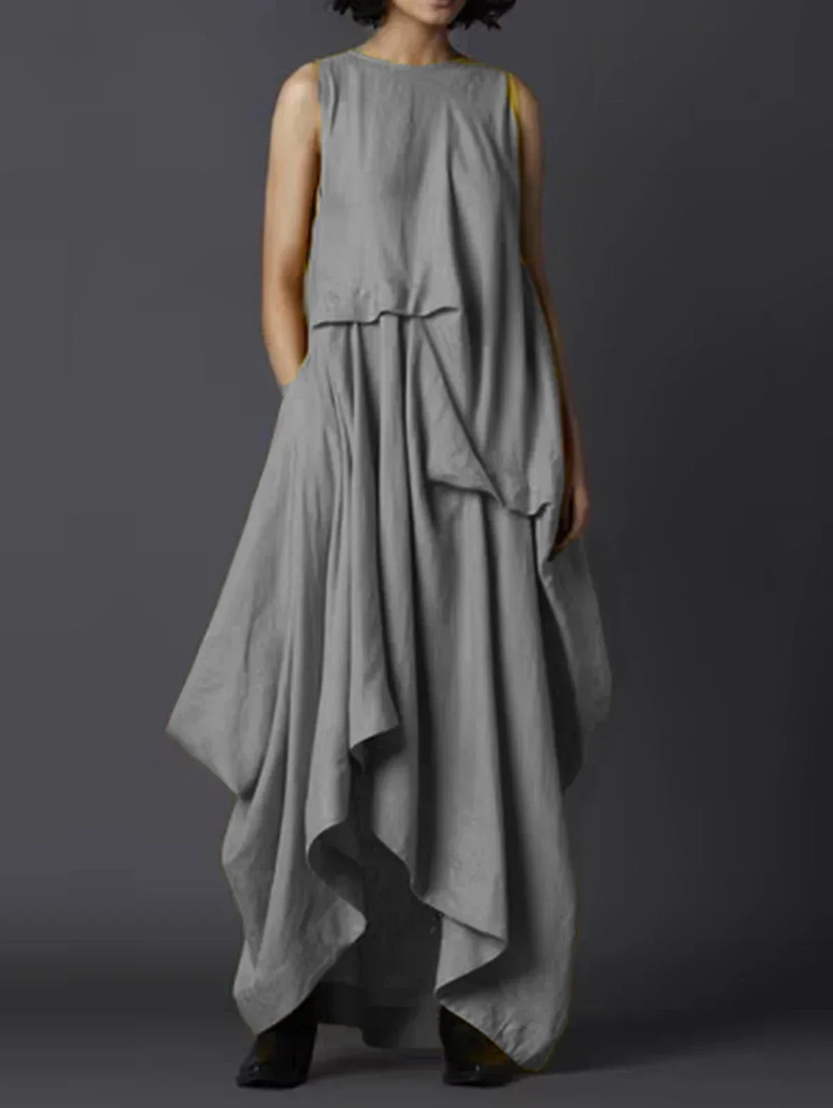 Ivyshape | Pleated Pockets Asymmetric Hem Long Dress Solid Casual Round Neck