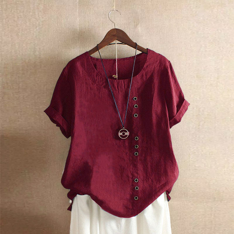 Women's Summer Loose Fit Button Short Sleeve Blouse