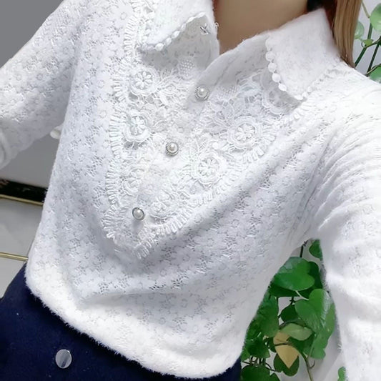 Jacquard Polo-Neck Open Stitch Blouse