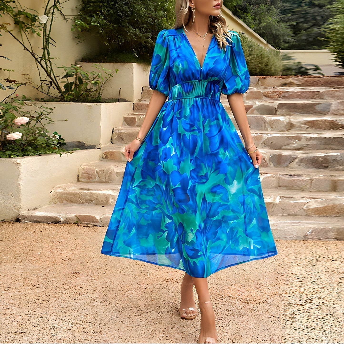 Ivyshape | Stylish V-Neck Summer Midi Dress