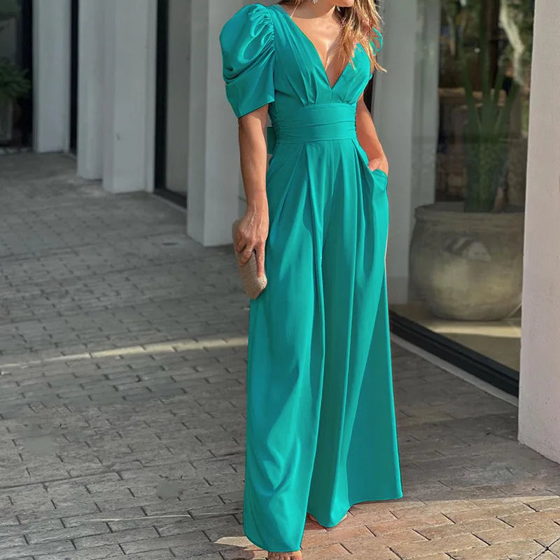 Ivyshape | Women's Elegant Jumpsuit Puff Sleeves