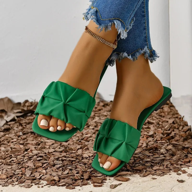 Stylish Pleated Green Slip-On Sandals for Women