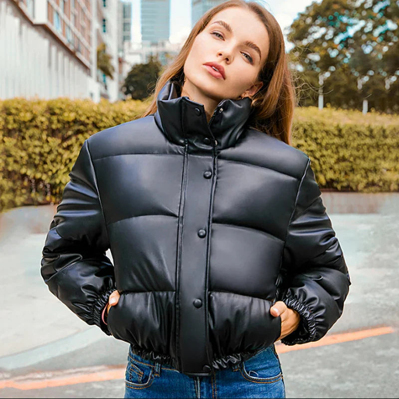 Ivyshape | Padded Leather Jacket for Women