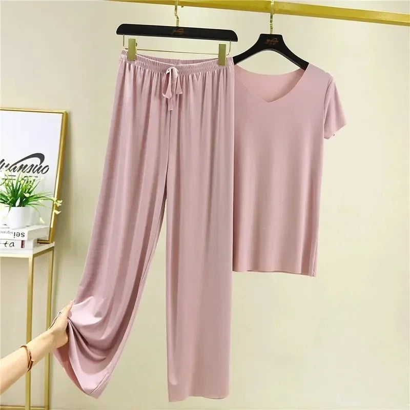 Ivyshape | Soft Ice Silk T-Shirt with Pants Set