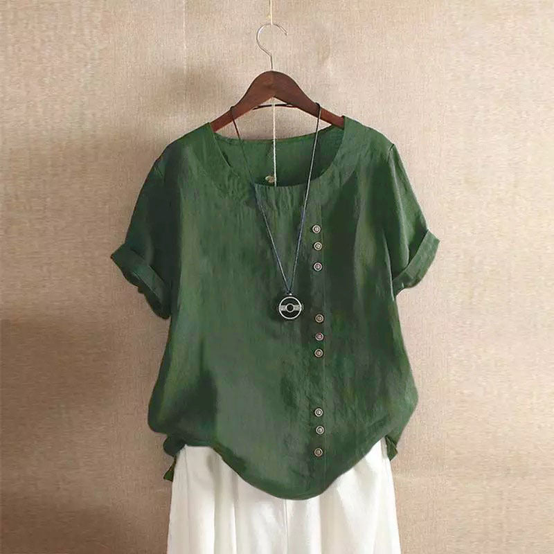 Women's Summer Loose Fit Button Short Sleeve Blouse