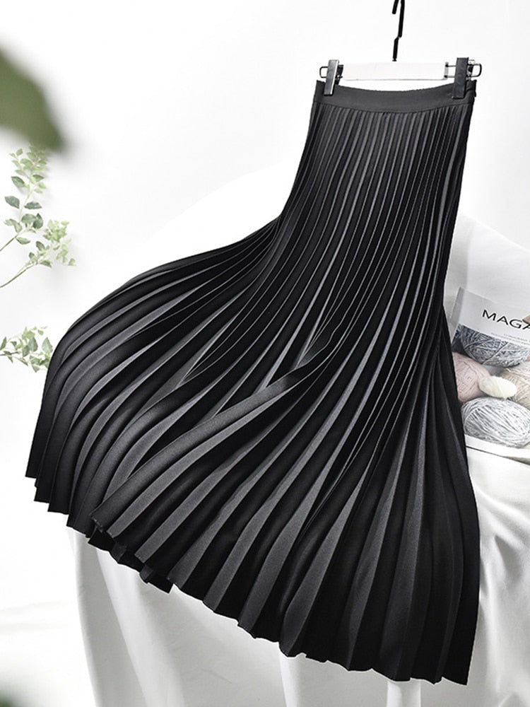 Ivyshape | Brand designer women's elegant chic solid pleated skirt high waist luxury fashion