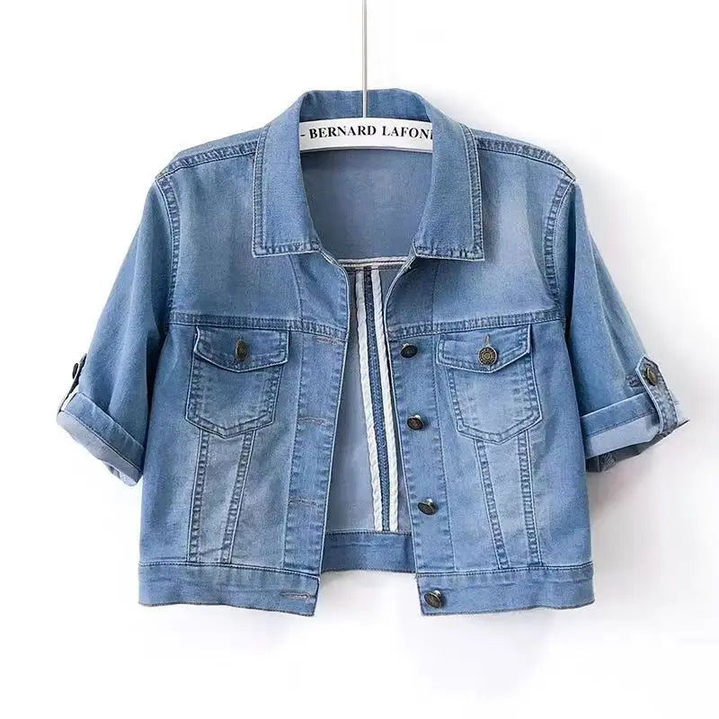 Ivyshape | Solid Color Denim Jacket With Short Sleeves