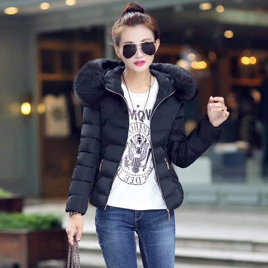 Ivyshape | Women's Winter Jacket With Artificial Raccoon Fur Collar