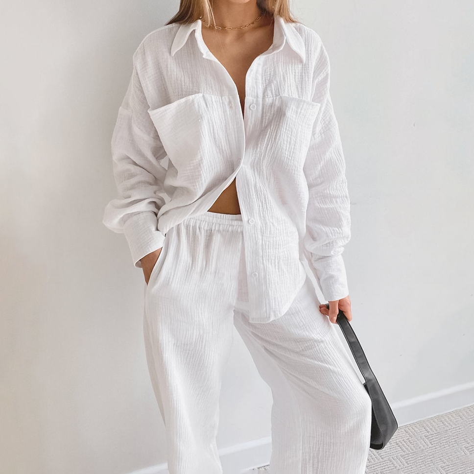 Ivyshape | Comfy White Cotton Fall Long Sleeve Set for Women