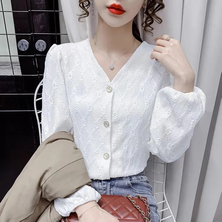 Jacquard Polo-Neck Open Stitch Blouse