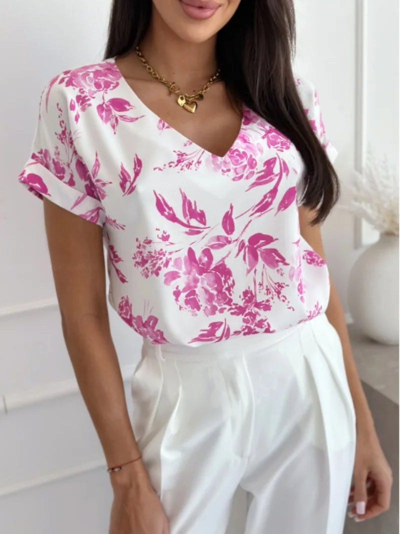 Minimalist Printed V-Neck Blouse for Women