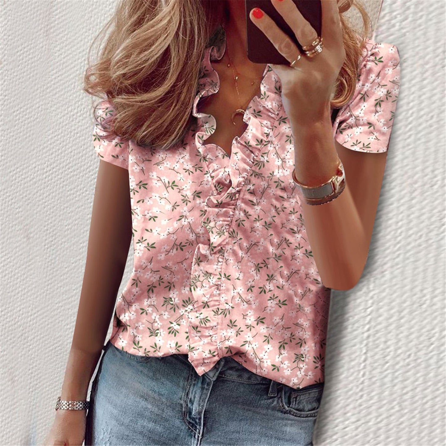 V-Neck Ruffle Lantern Sleeve Blouse