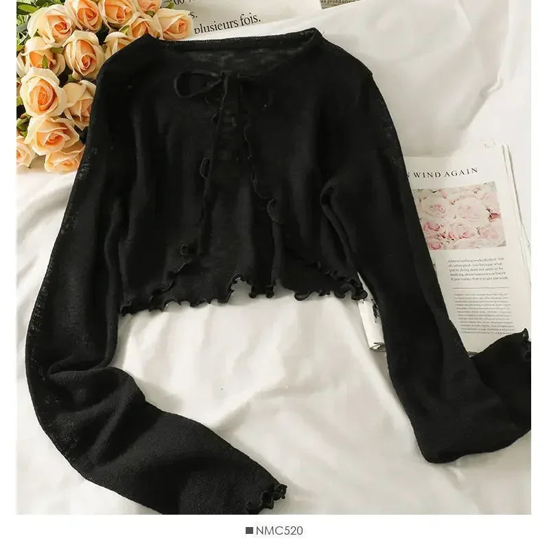 Bow Lace-Up Long Sleeve Crop Top for Women