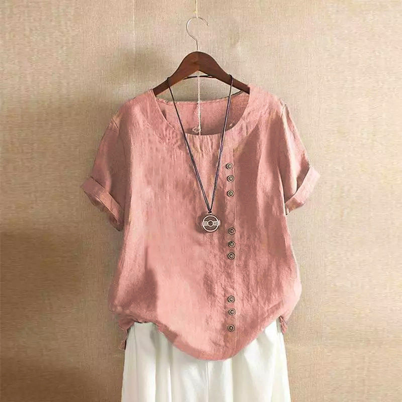 Women's Summer Loose Fit Button Short Sleeve Blouse