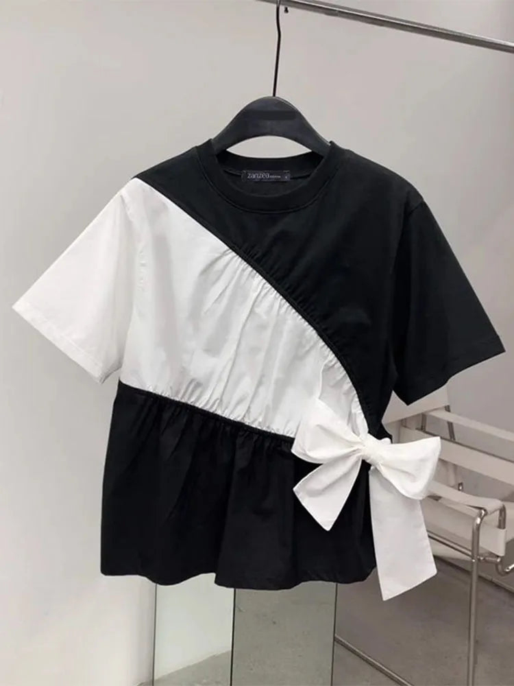 Casual O-Neck Color Block Short Sleeve Blouse for Women