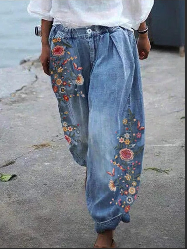 Ivyshape | Floral Print Loose Jeans Pants for Women