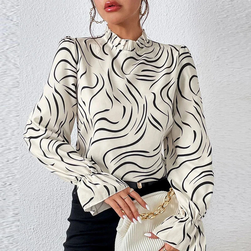 Elegant Ruffled Printed Blouse for Women