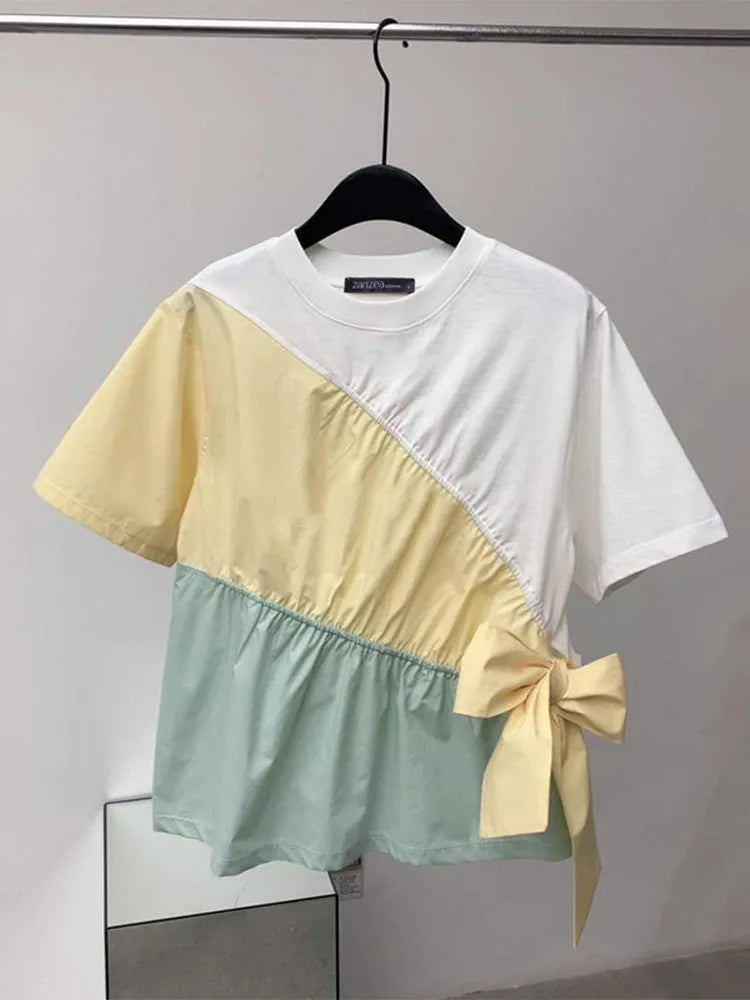 Casual O-Neck Color Block Short Sleeve Blouse for Women