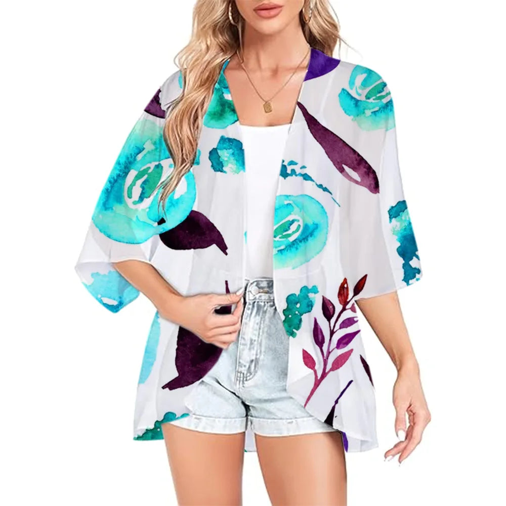 Trendy Watercolor Floral Kimono Cardigan for Women