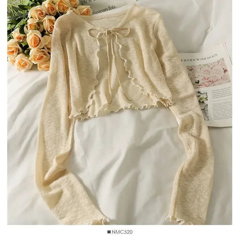 Bow Lace-Up Long Sleeve Crop Top for Women