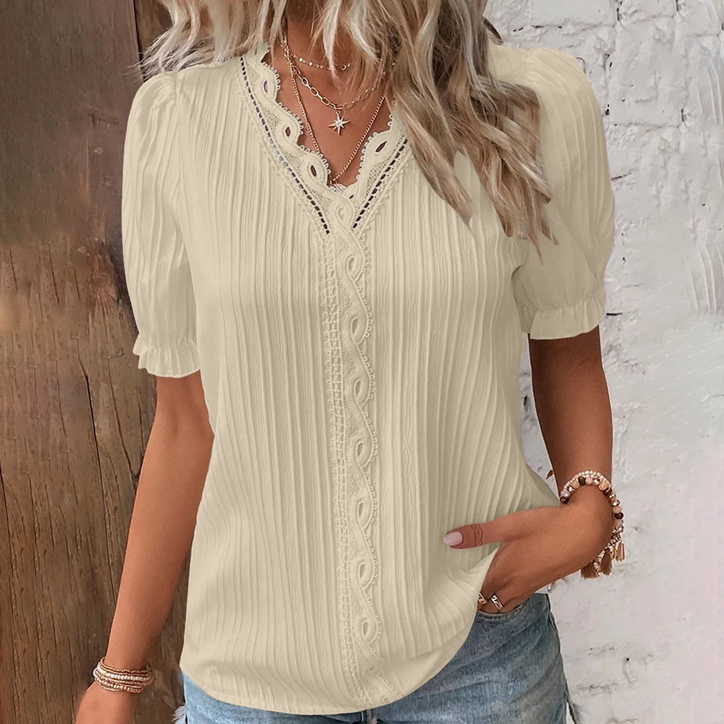 Elegant Lace V-Neck Short Sleeve Blouse for Women