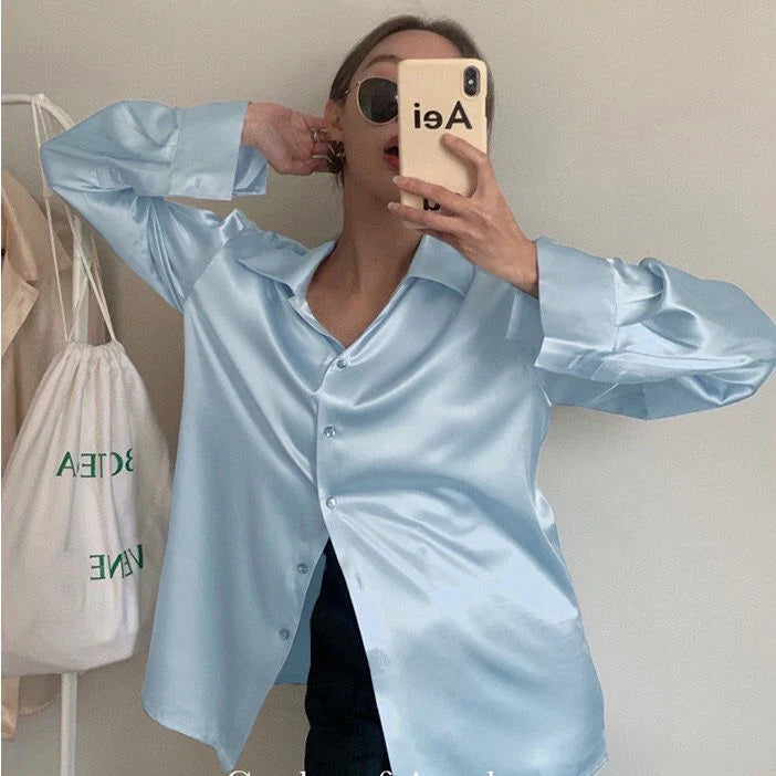 Elegant Satin Long-Sleeved Blouse for Women