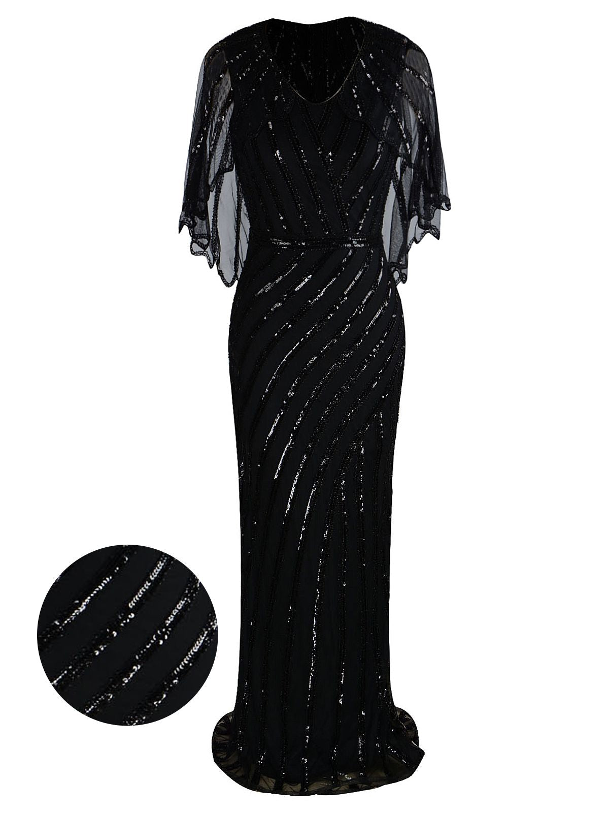 Mesh Sequined Cape Maxi Dress