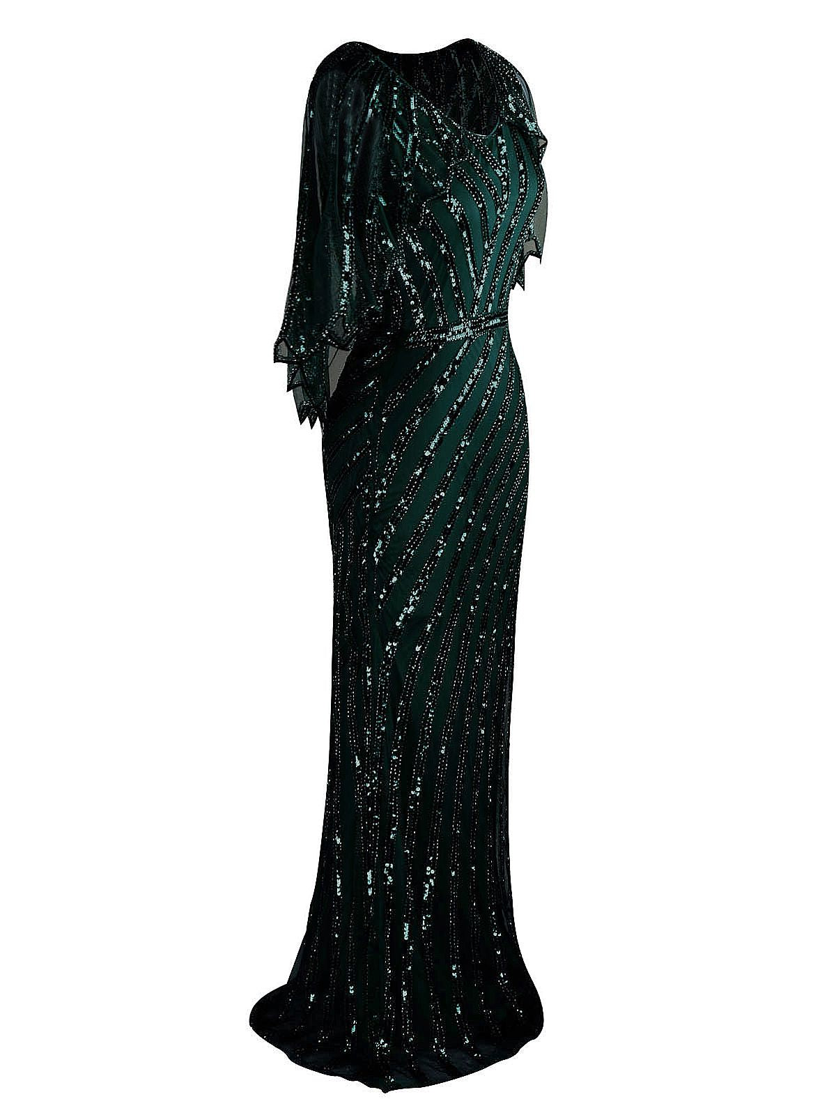 Mesh Sequined Cape Maxi Dress