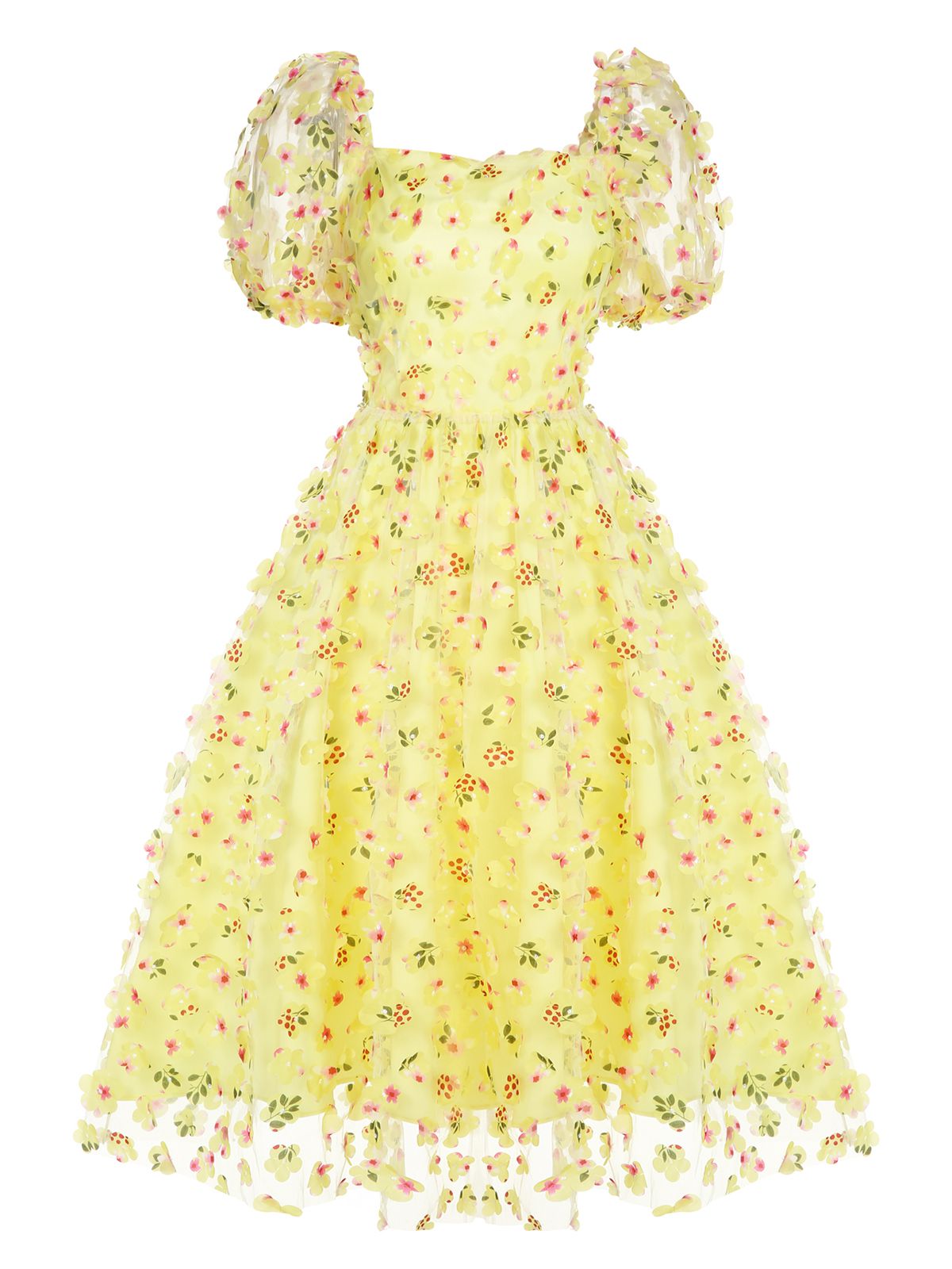 Yellow 3D Floral Puff Sleeves Swing Dress