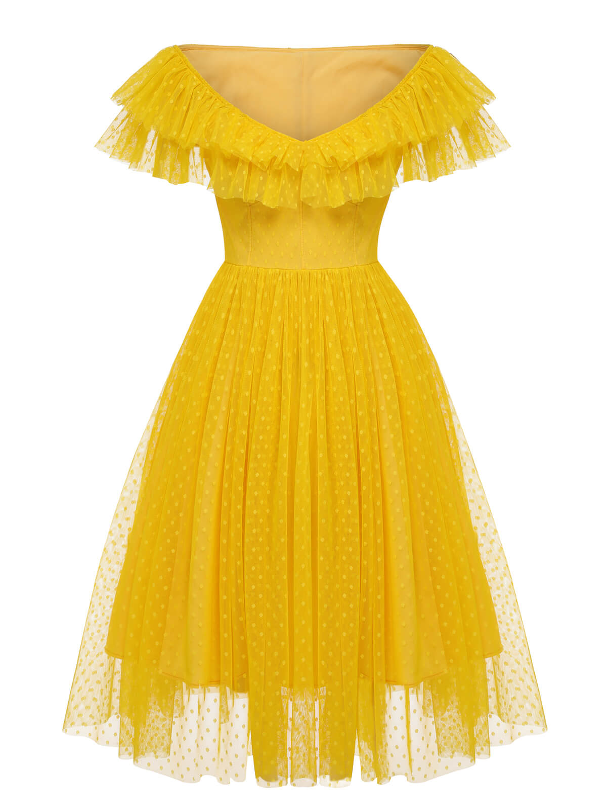 Yellow Dots Off-Shoulder Mesh Swing Dress