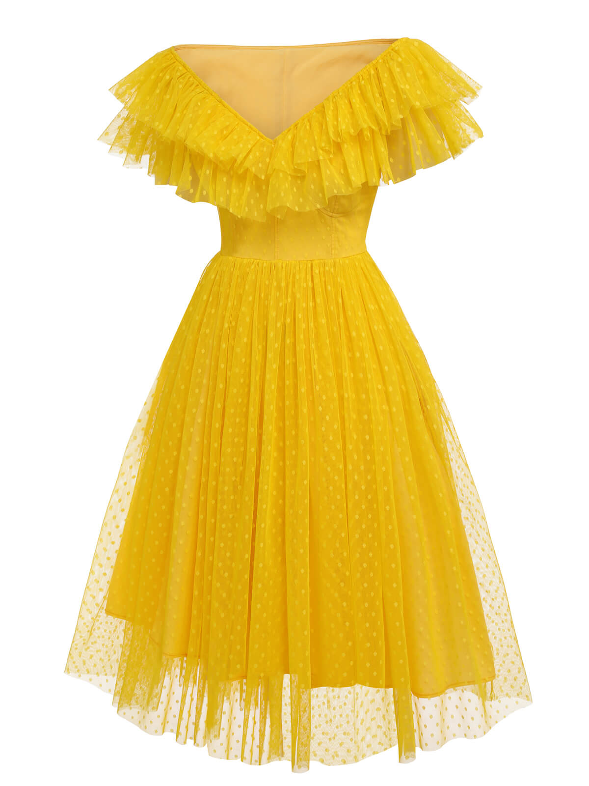 Yellow Dots Off-Shoulder Mesh Swing Dress