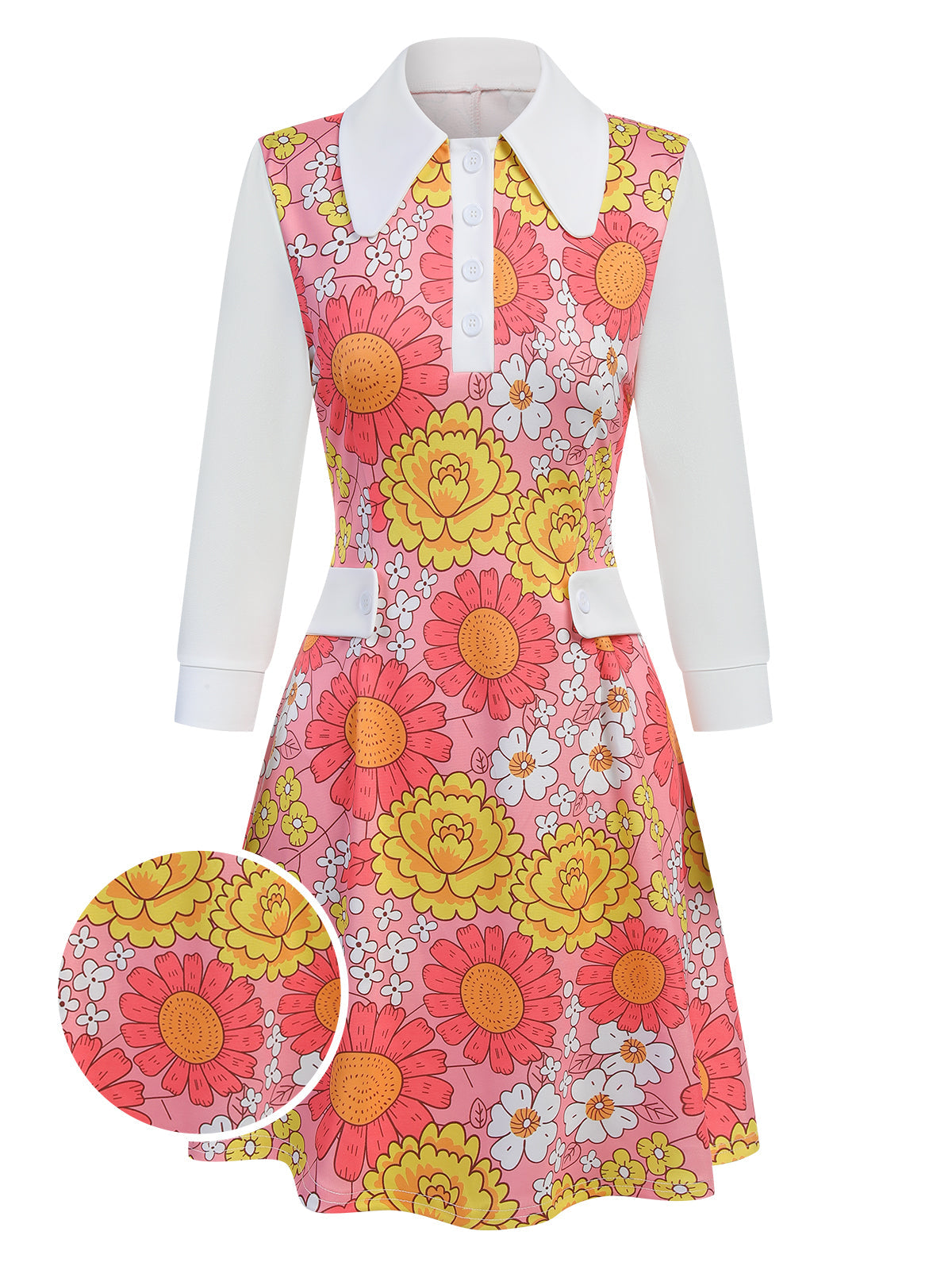 Pink  Lapel Flowers Patchwork Dress