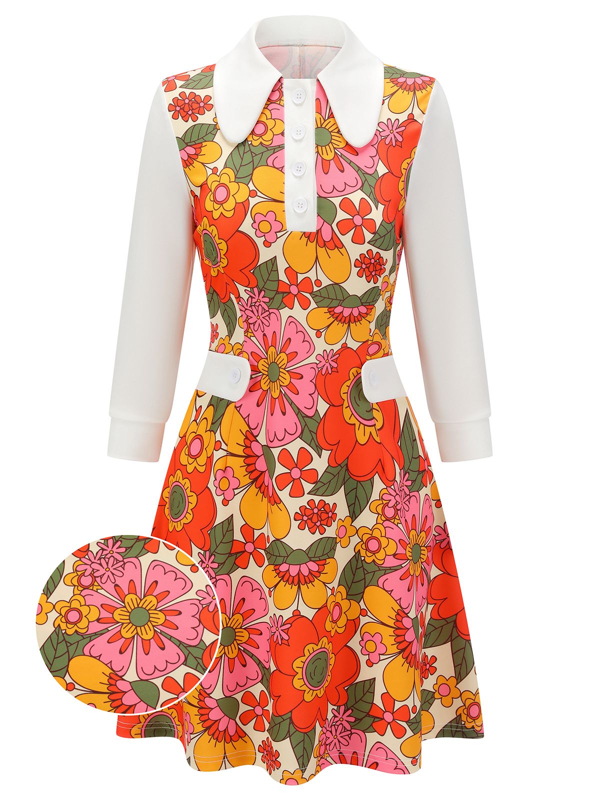 Pink  Lapel Flowers Patchwork Dress