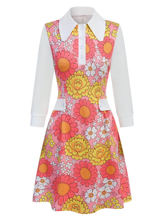 Pink  Lapel Flowers Patchwork Dress