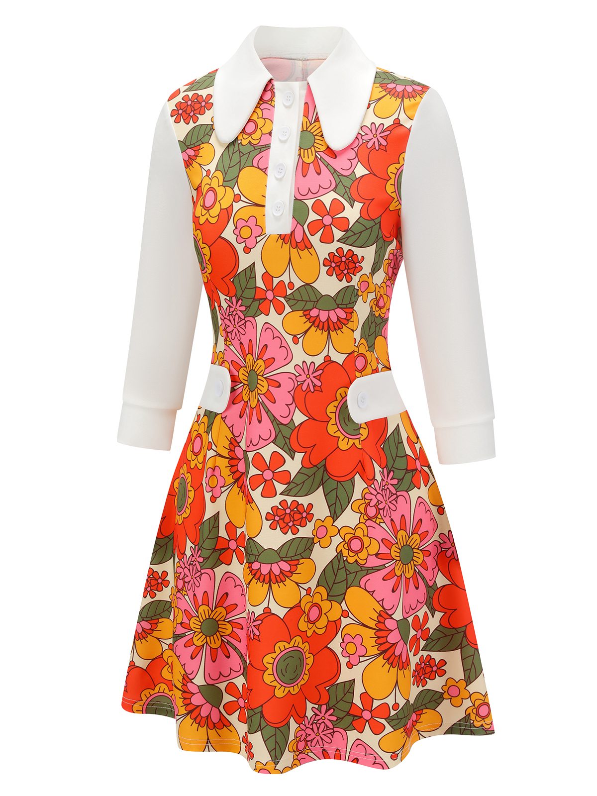 Orange  Lapel Flowers Patchwork Dress