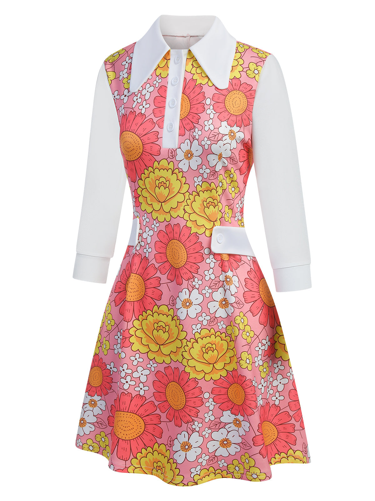 Orange  Lapel Flowers Patchwork Dress