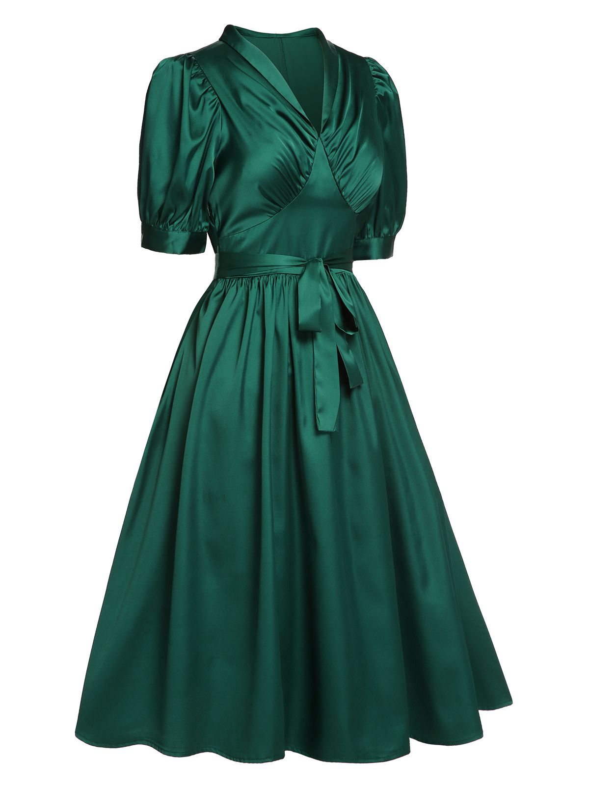 Dark Green Solid Belt V-Neck Dress