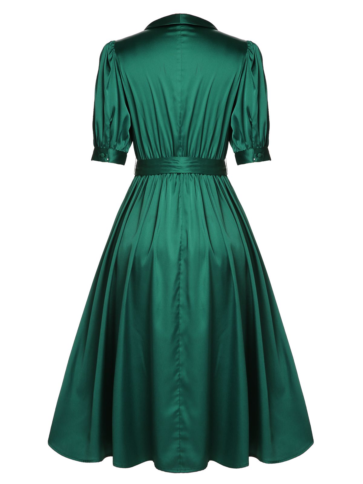 Dark Green Solid Belt V-Neck Dress