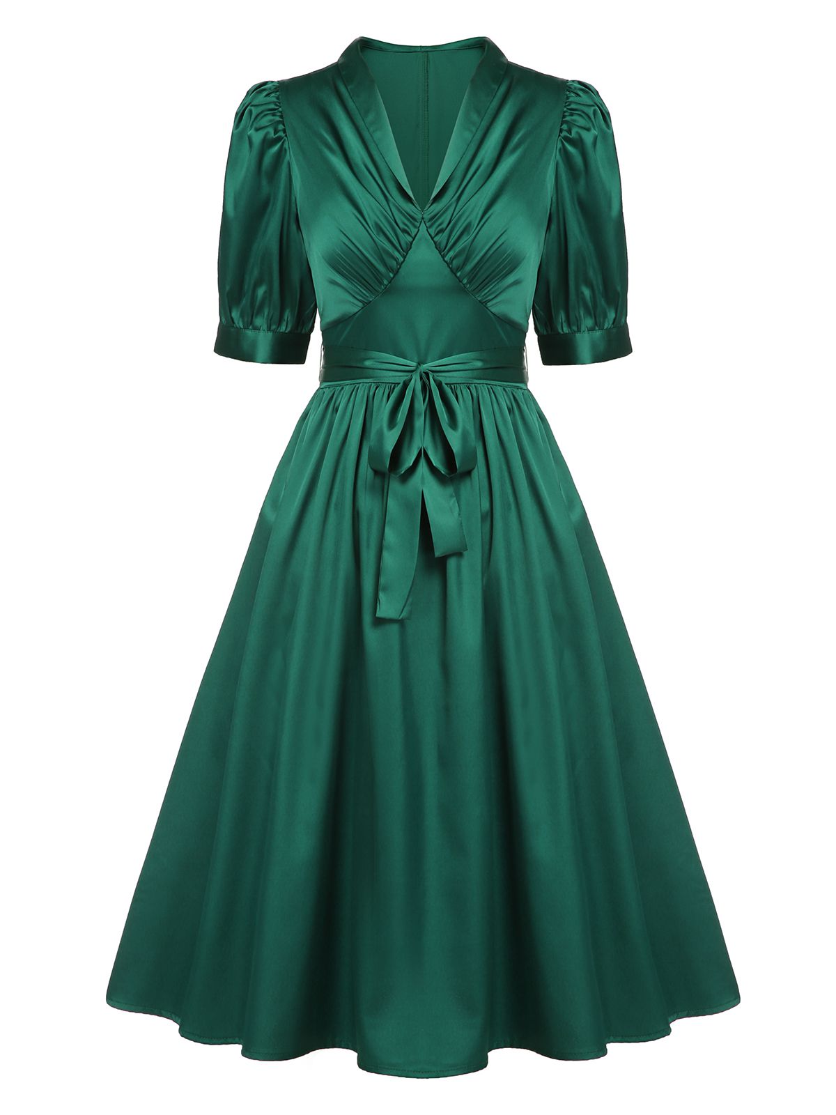 Dark Green Solid Belt V-Neck Dress