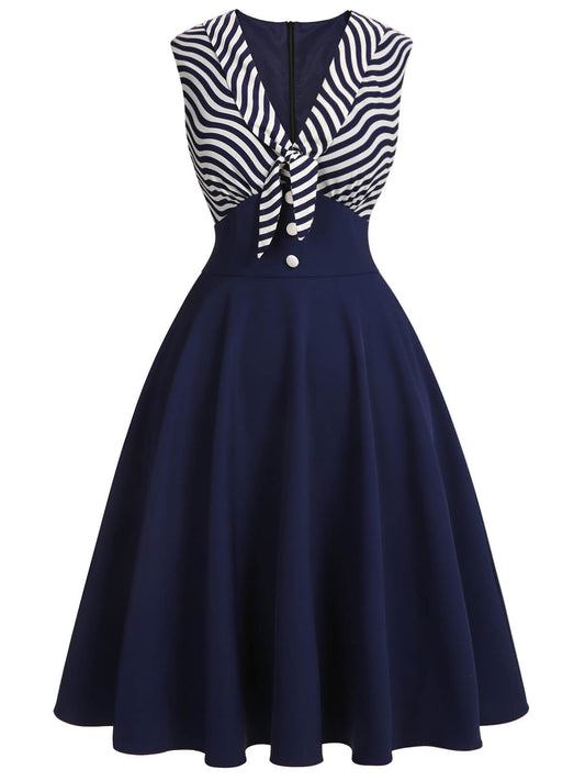 Navy Blue Striped Patchwork Dress