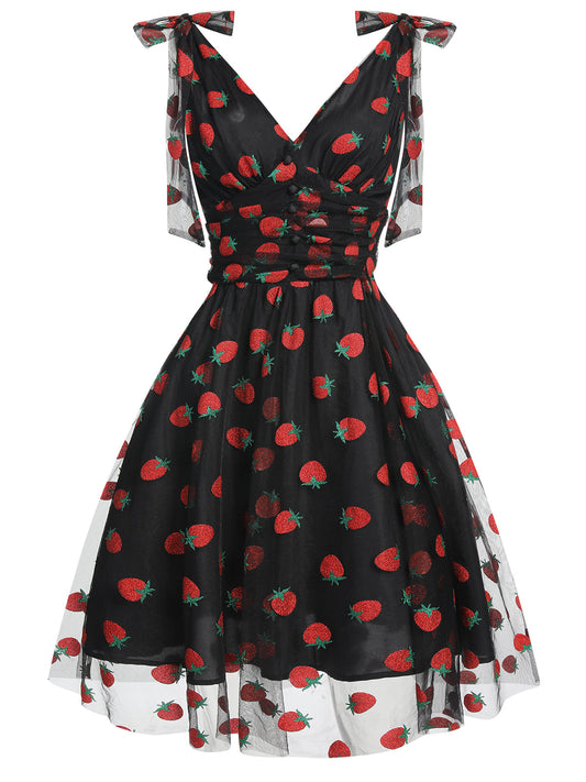 Black Strawberry Mesh Swing Dress