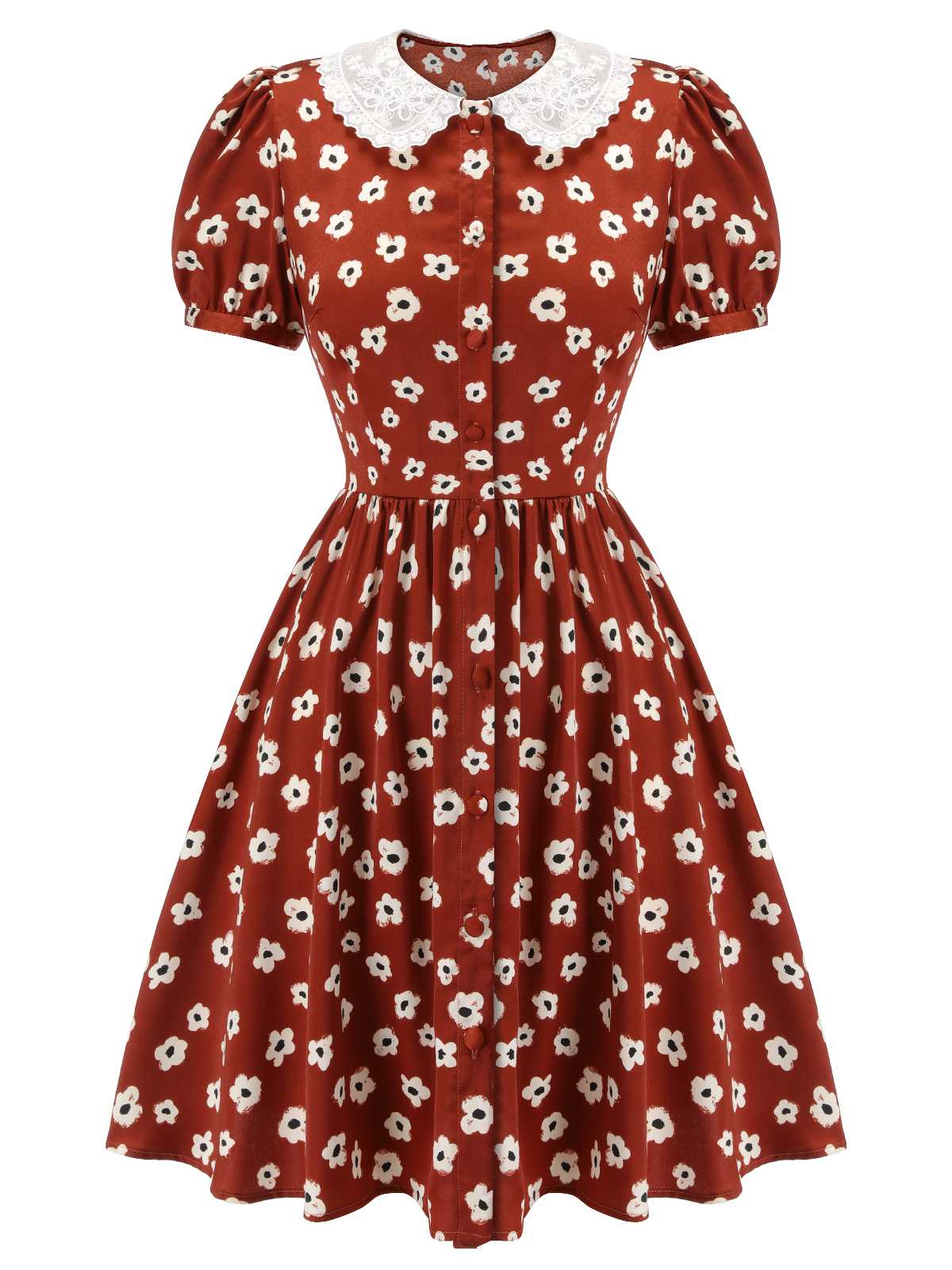 Red  Floral Puff Sleeve Flared Dress