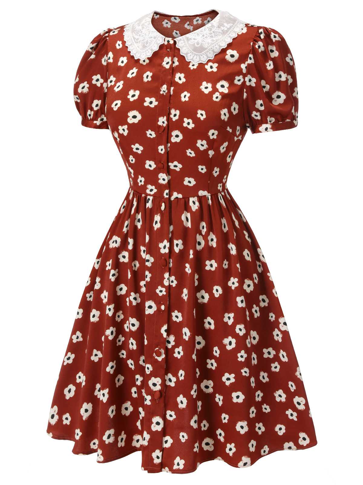 Red  Floral Puff Sleeve Flared Dress