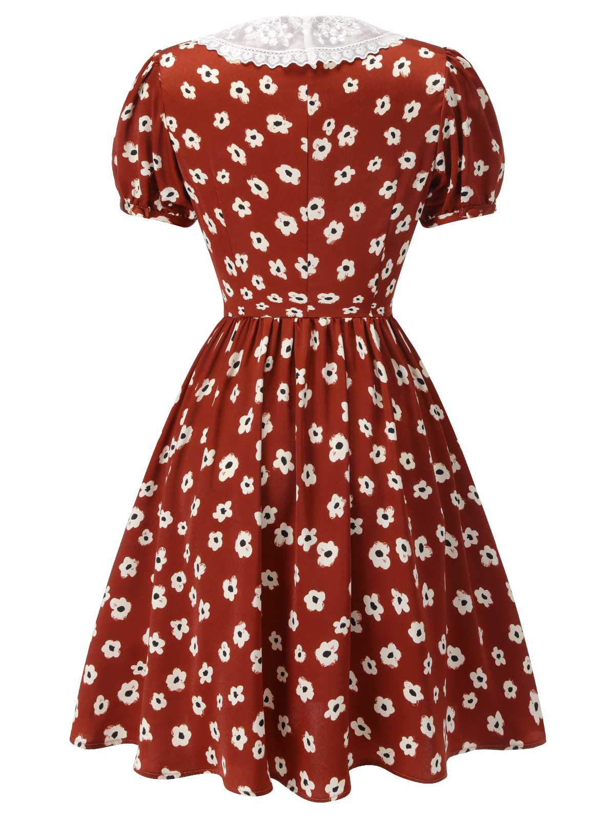 Red  Floral Puff Sleeve Flared Dress